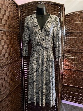 Floral Wrap-Style Midi Dress in Blue and White